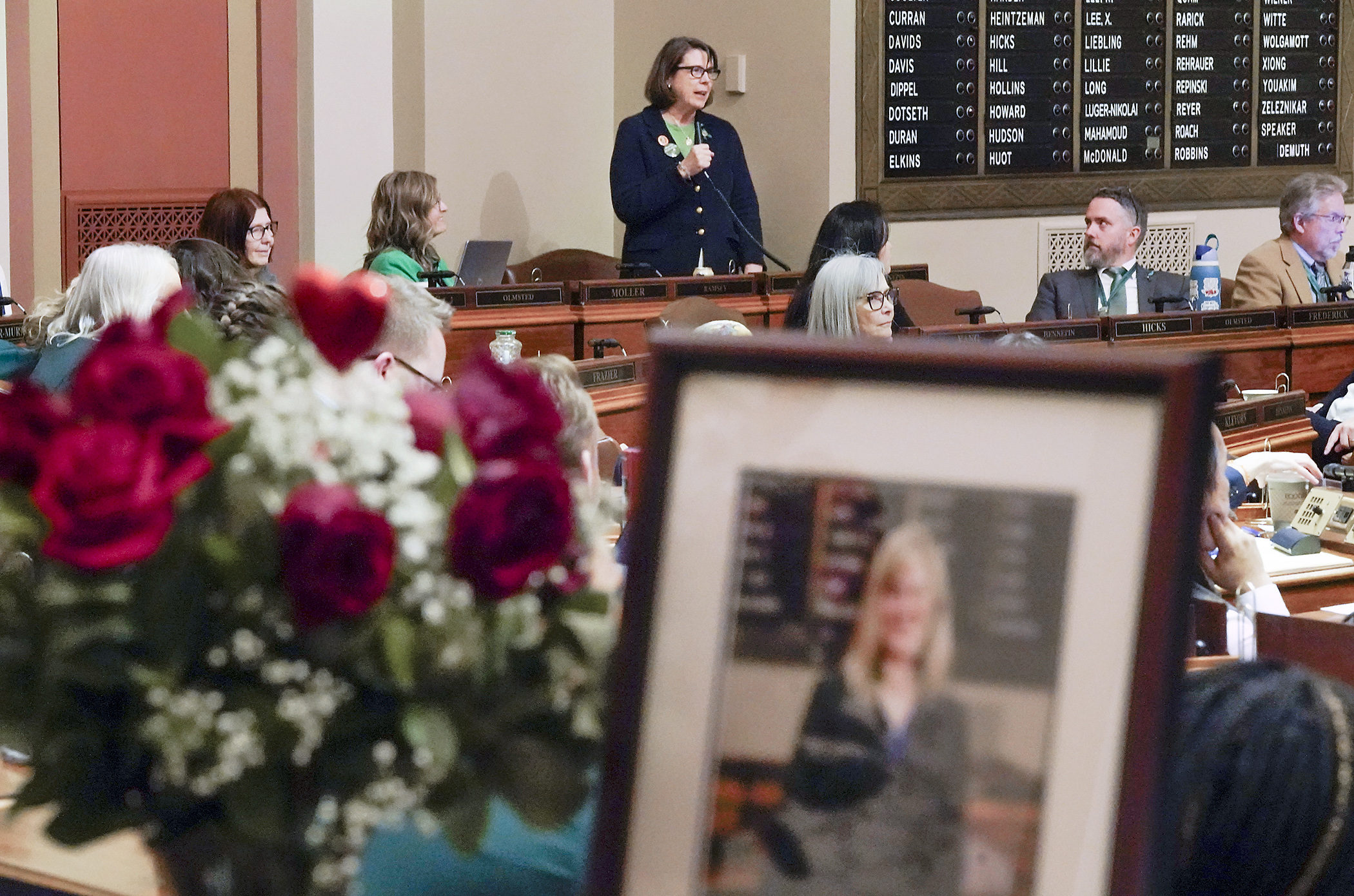Rep. Patty Acomb introduces HF3556 during a March 12 Floor Session that would rename the state’s community solar garden program after the late Speaker Emerita Melissa Hortman. The bill passed 133-0 and now heads to the Senate. (Photo by Michele Jokinen)